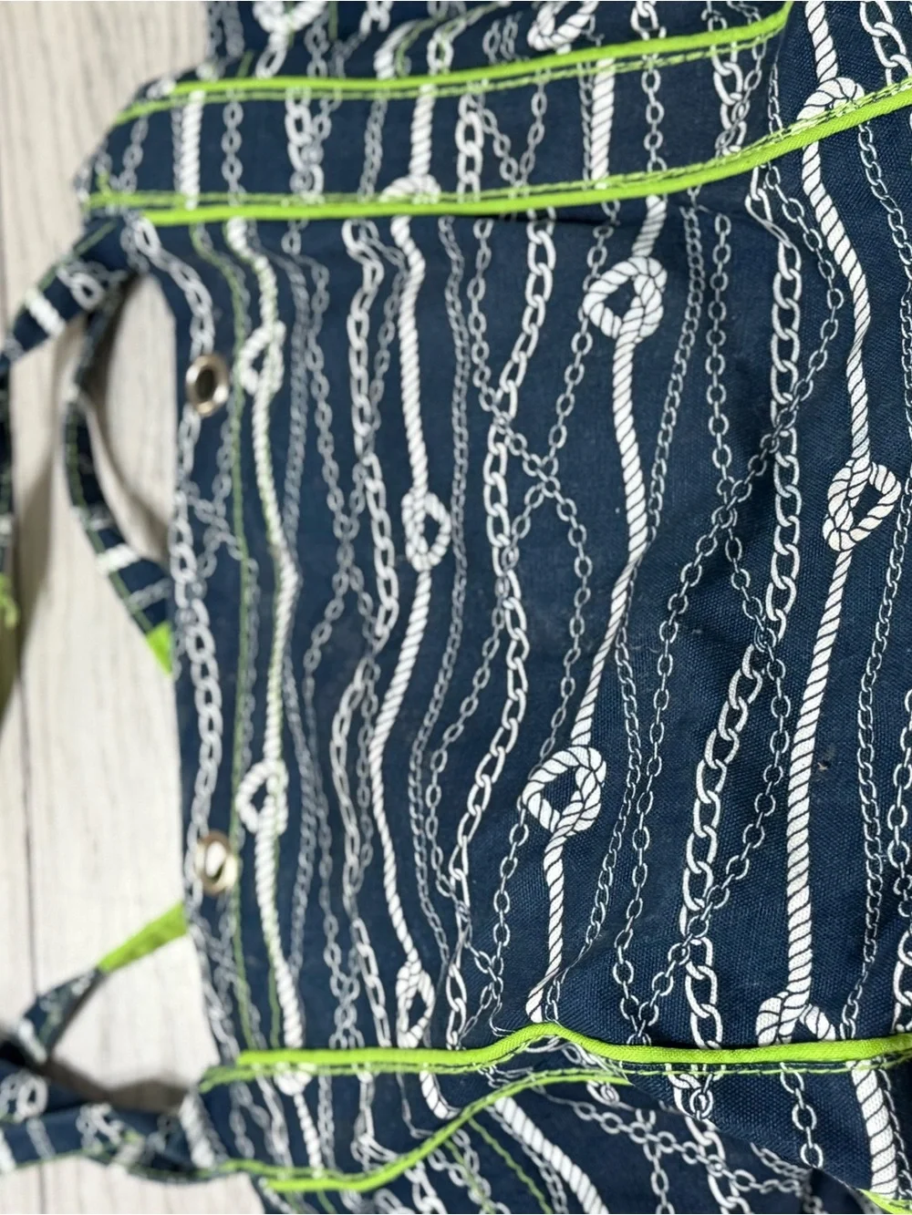 thirty-one Navy Blue and Lime Green Chain Print Tote XL size
